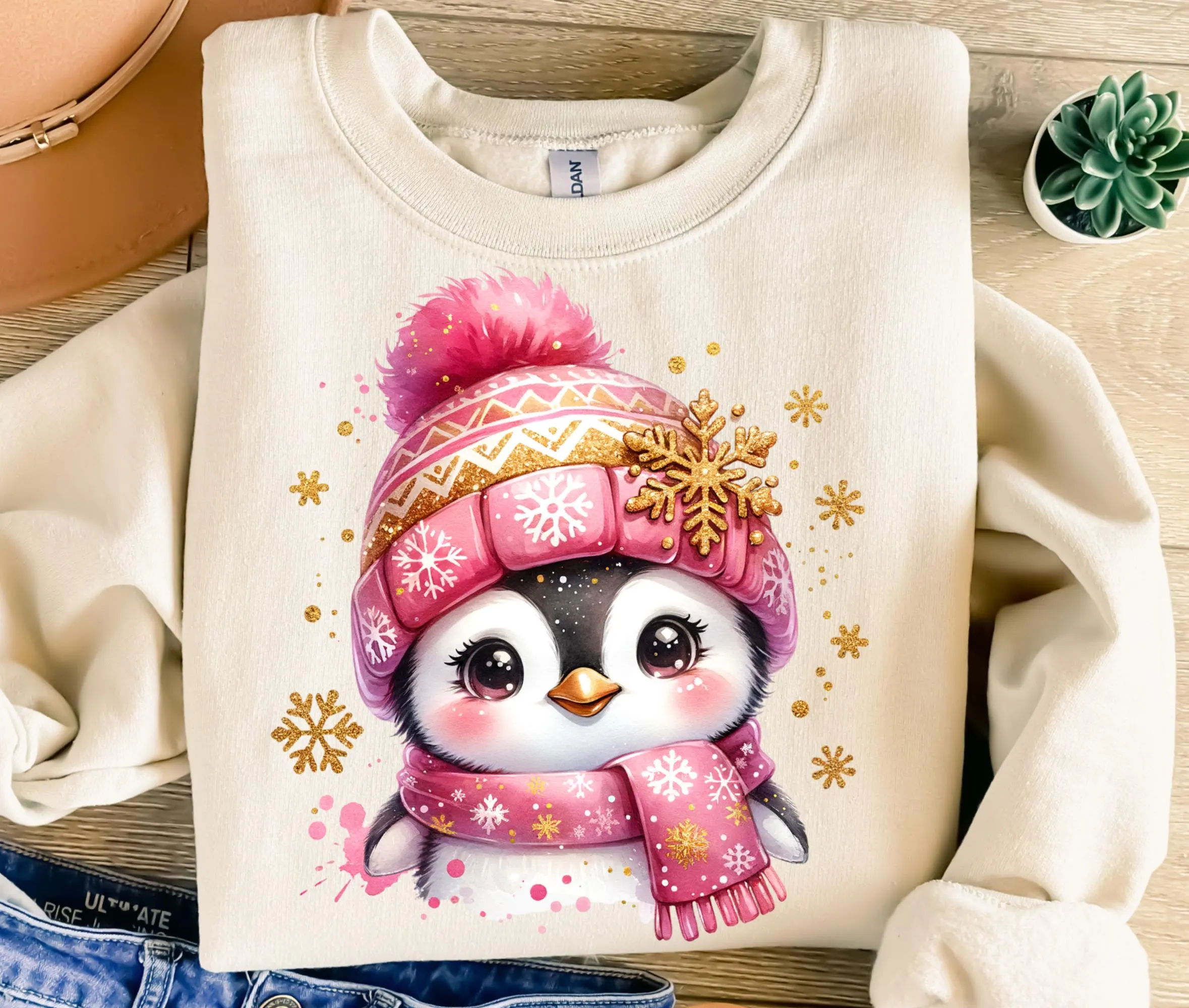 Winter Baby Penguin Glitter Snowflakes Png
