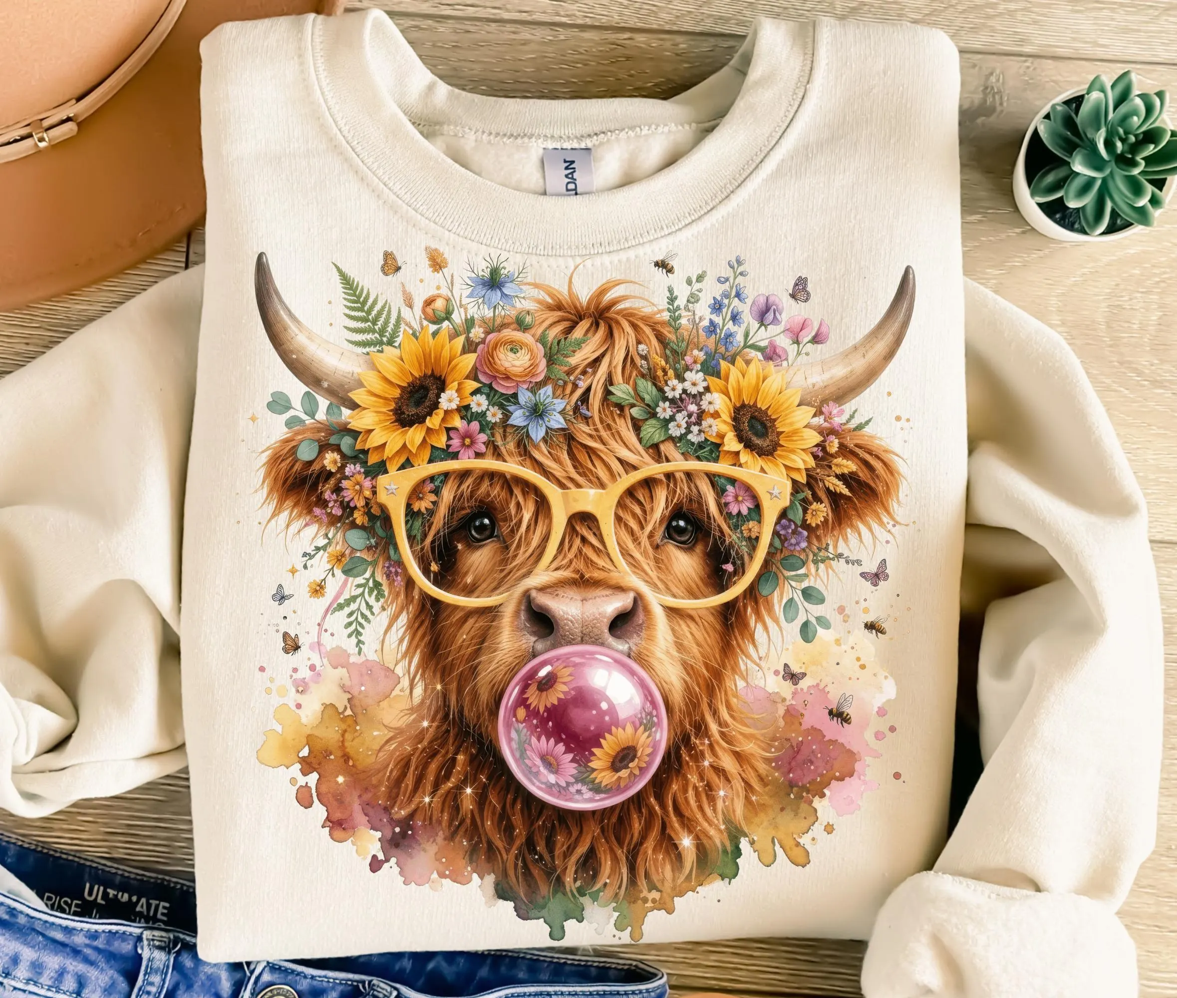 Highland Cow Bubblegum Sunflowers PNG