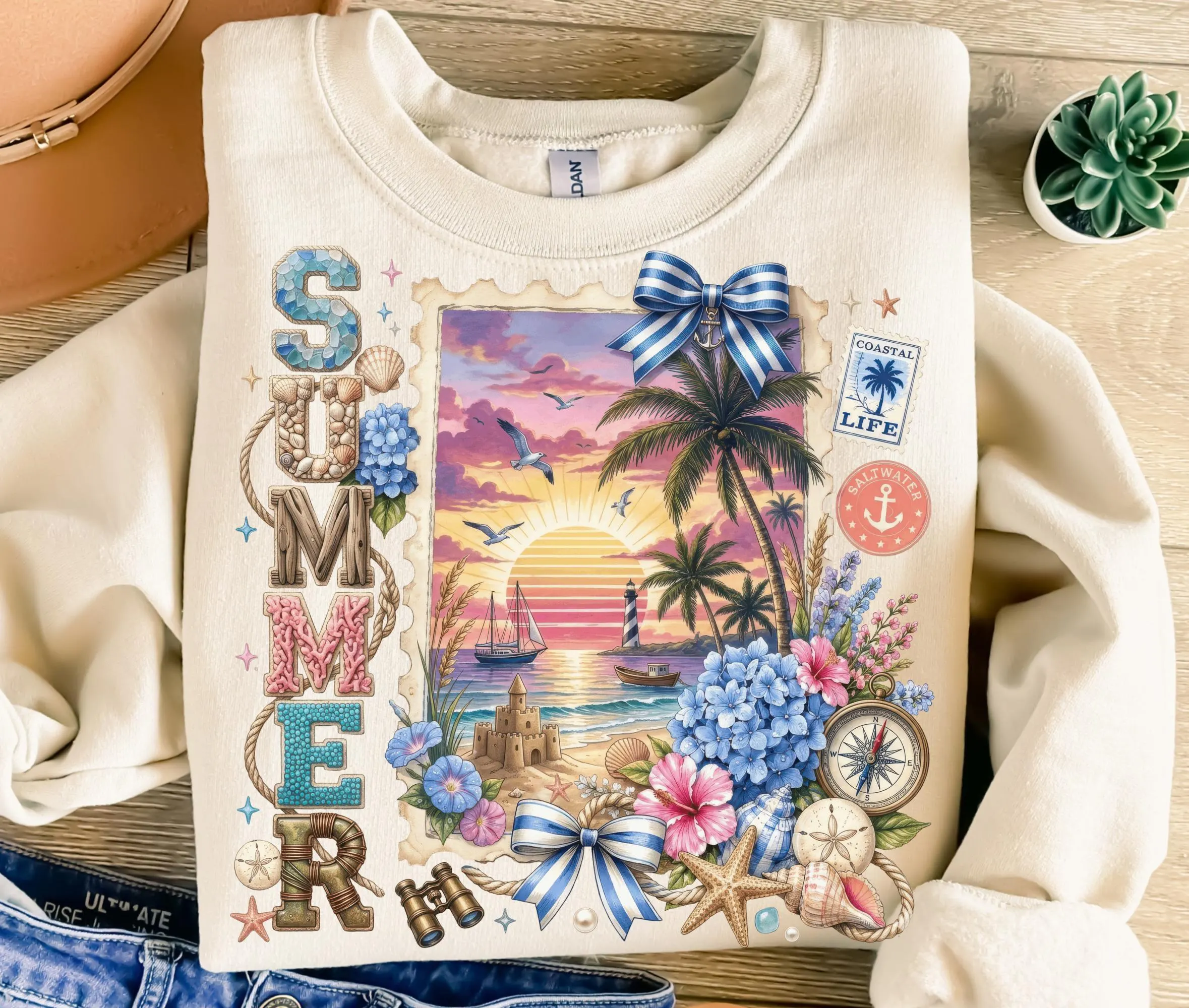 Summer Retro Ocean Beach Flowers PNG