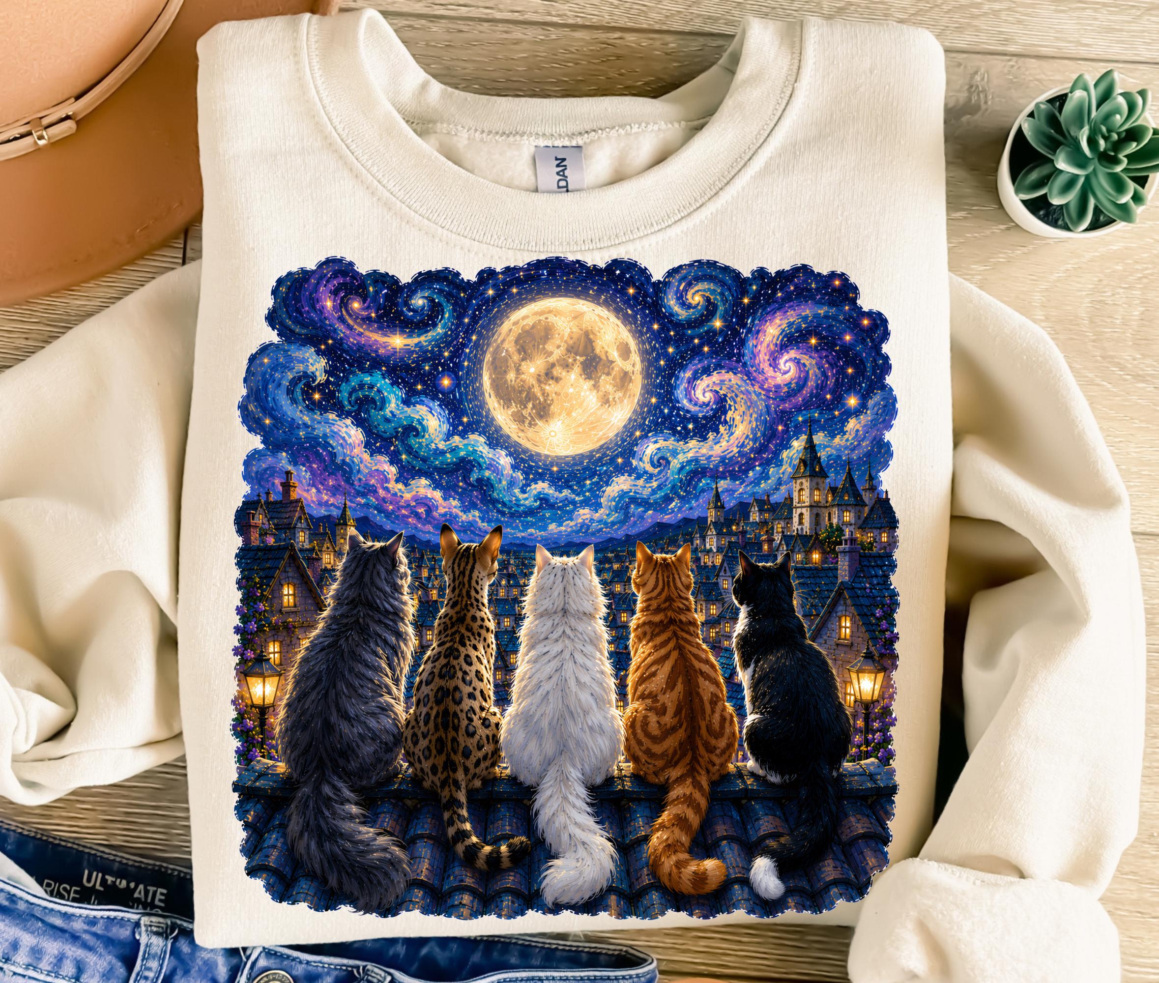 Van Gogh Night Sky Cats PNG